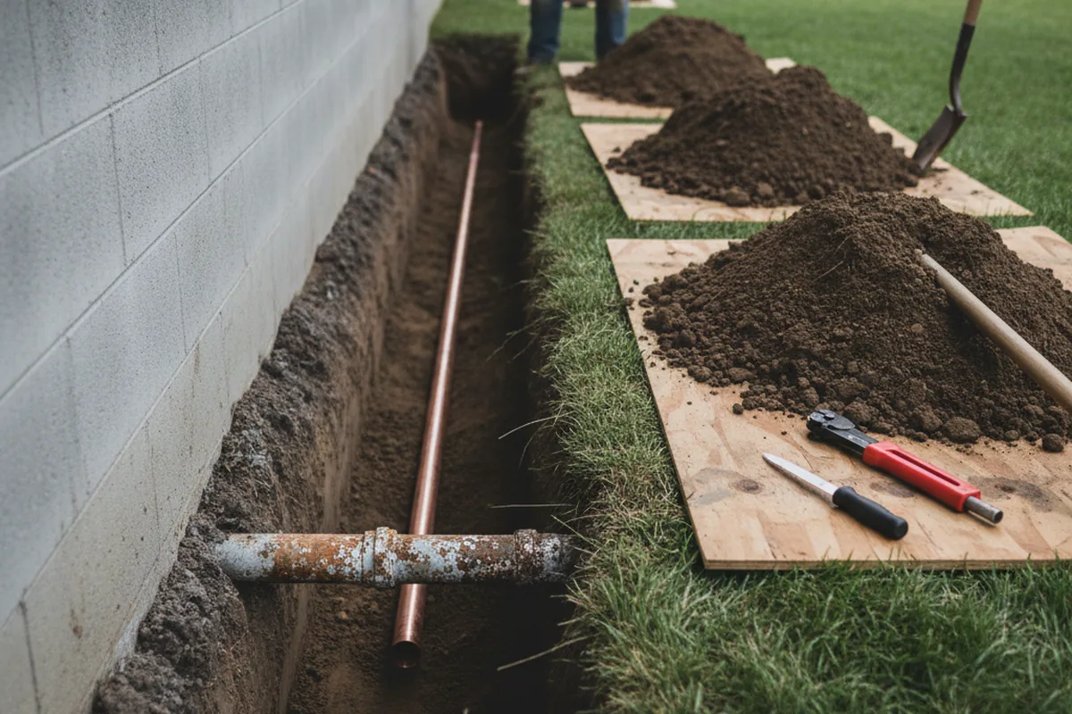 Excavated water line trench during Water Heater Repair in Patterson